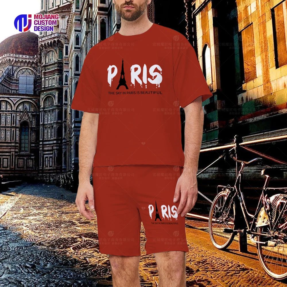 Eiffel Tower and Slogan Graphic Print Men's T-Shirts Graphic Summer Cotton Shorts High-end Graphic Hip Hop Tops Shirt Sets