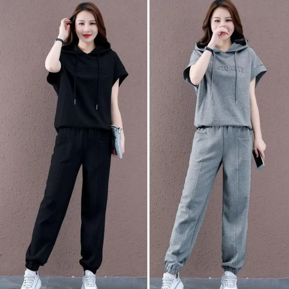 

2 Pcs/Set Women Hoodie Pants Set Elastic Waist Drawstring Hooded Sports Loose Pockets Plus Size Top Trousers Suit Female Garment