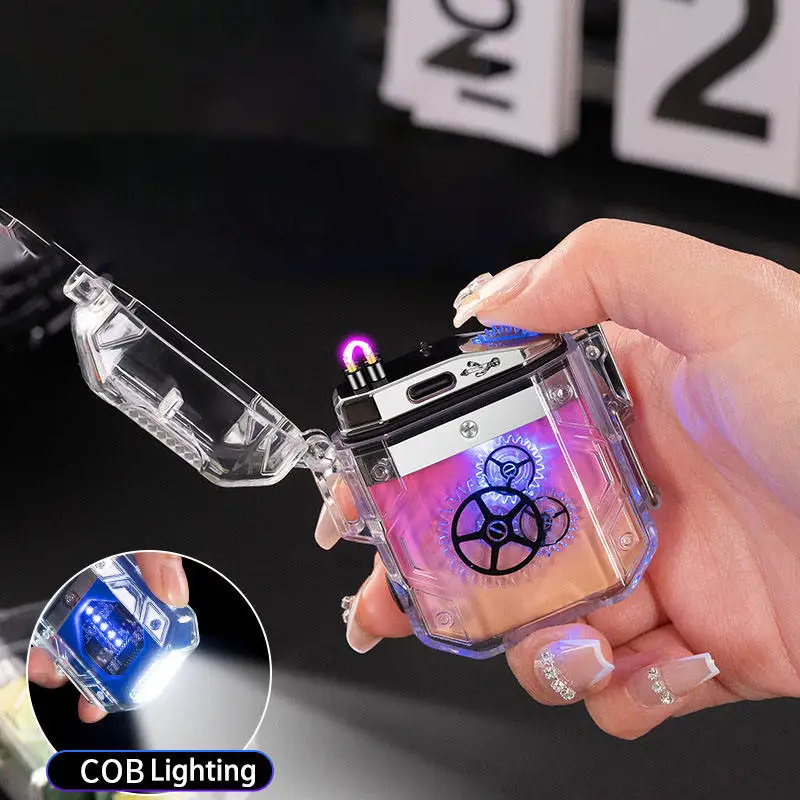 2023 New Design Transparent Case USB Lighter Gear COB Light Dual Arc Rechargeable Lighter Cigarette