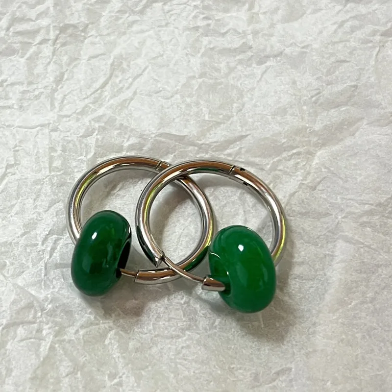 

New Unique Green Jade Round Stainless Steel Hoop Earrings For Women Vintage Elegant Earclip Earrings Statement Jewelry