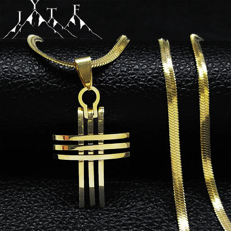 

Hip Hop Trinity Cross Pendant Necklace Snake Chain Stainless Steel Gold Color Hollow Punk Choker Necklaces Jewelry Gift N8004S05
