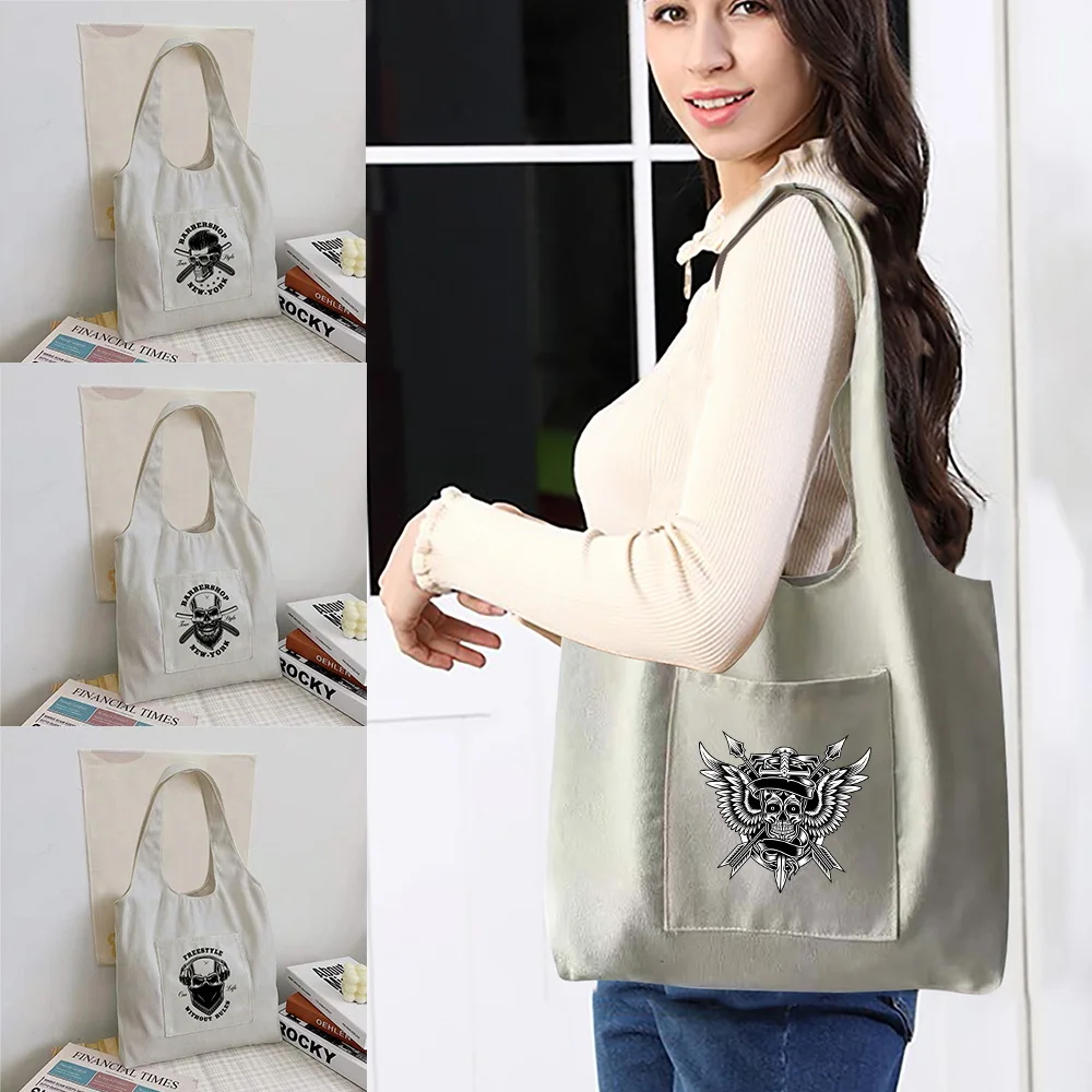 

Women Shopper Organizer Bag Canvas Tote Bag Fashion Skull Print Shoulder Bag Reusable Supermarket Tote Shopping Bag Casual