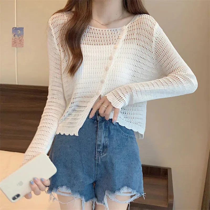 Korean Style Loose Slimming Hollow Comfort Thin Sweater Women's 2023 Short Summer Irregular Long Sleeve Top Fashion