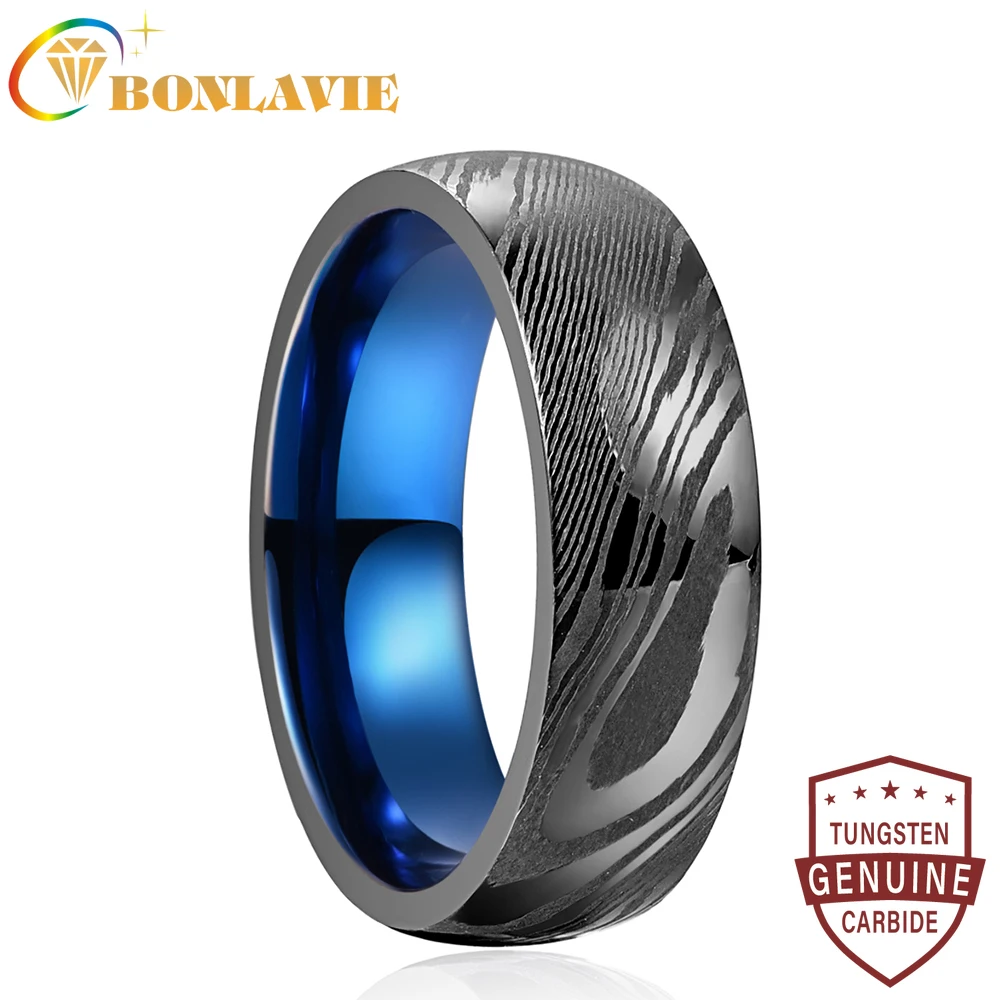 

BONLAVIE 8mm Carbon Carbide Ring Gun Grey Damascus Steel Blue Inner Ring for Men Jewelry Size 7-12