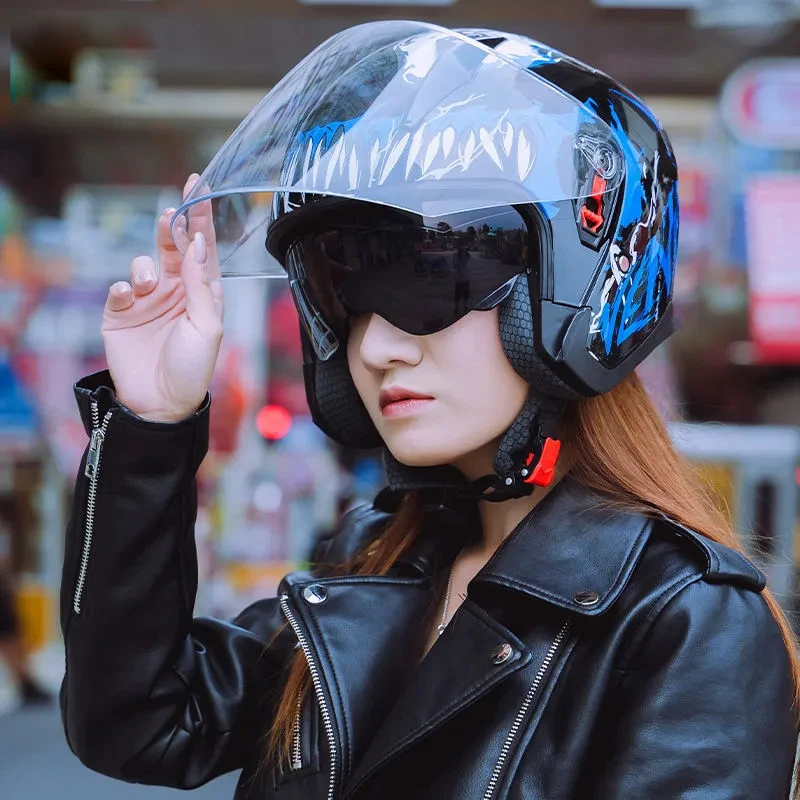 Мотоциклетный шлем полулицевой из АБС-пластика с двойными линзами для женщин и