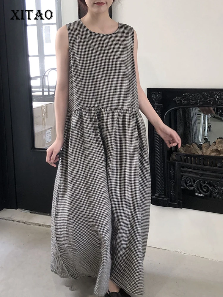

XITAO Women Dress Fashion Pullover Small Fresh Pleated Goddess Fan Casual Style 2022 Summer Sleeveless Loose Dress ZY6977
