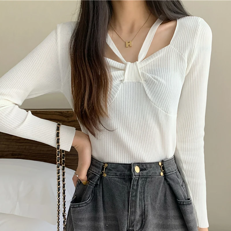 

Sweater Women Halter Neck Slim Crop Pullover Female Solid Spliced Ribbed Autumn Winter Korean Fashion Knitwear Pull Femme Mujer