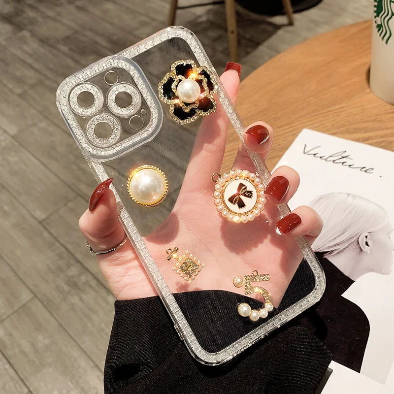 

Luxury Diamond Glitter Pearl Floral Perfume Bottle Phone Case For iPhone 14 13 12 11 Pro MAX X XS XR 7 8 Plus Cover Bling Text
