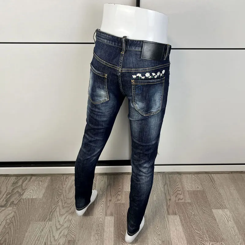 Street Fashion Men Jeans High Quality Retro Blue Elastic Skinny Ripped Jeans Men Embroidery Designer Hip Hop Brand Pants Hombre