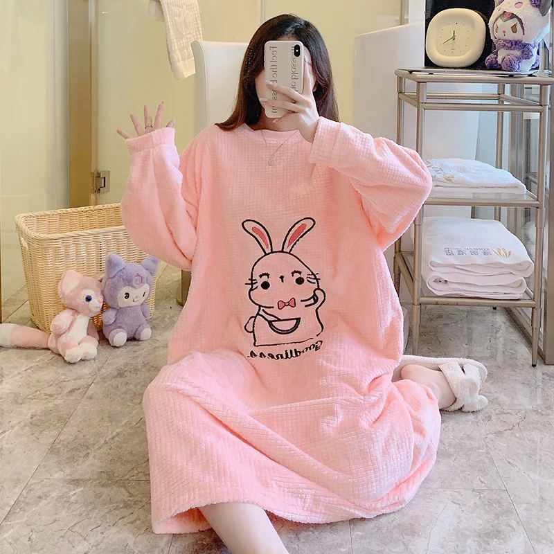 

Plus Size 5XL Winter Flannel Nightgown Dress Kawaii Coral Fleece Sleepdress Thicken Keep Warm Pajamas Casual Home Clothes 150Kg