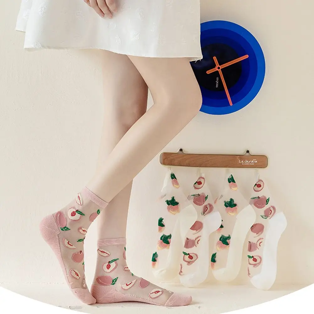 

1 Pair Fashion Transparent Mesh Socks Simple Elastic Comfortable Printed Pattern Glass Silk Middle Tube Hosiery