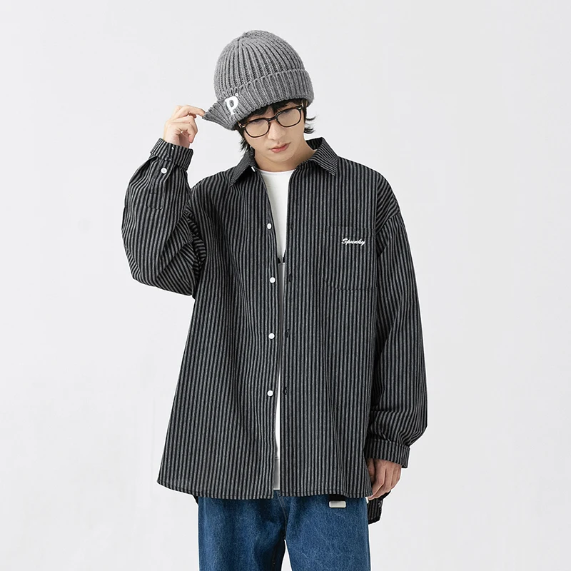 2022 Autumn New Men Casual Personality Stripe Flannel Shirt Long-Sleeved Fashion Embroidery Graphic Designer Shirts