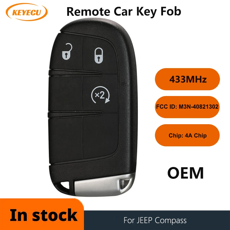 

KEYECU OEM 3 Buttons Smart Remote Control Key 433mhz 4A Chip Keyless Entry SIP22 Blade For Jeep Compass M3N-40821302