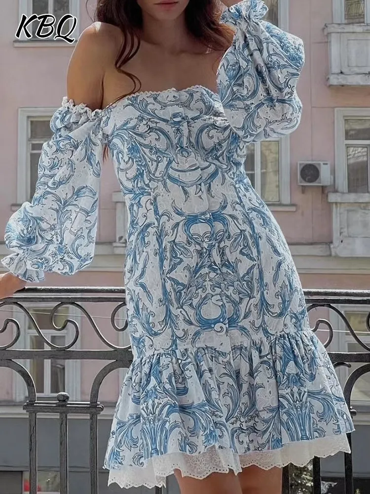 

KBQ Printing Hit Color Mini Dress For Women Slash Neck Lantern Sleeve High Waist Backless Single Breasted Tunic Dresses Female