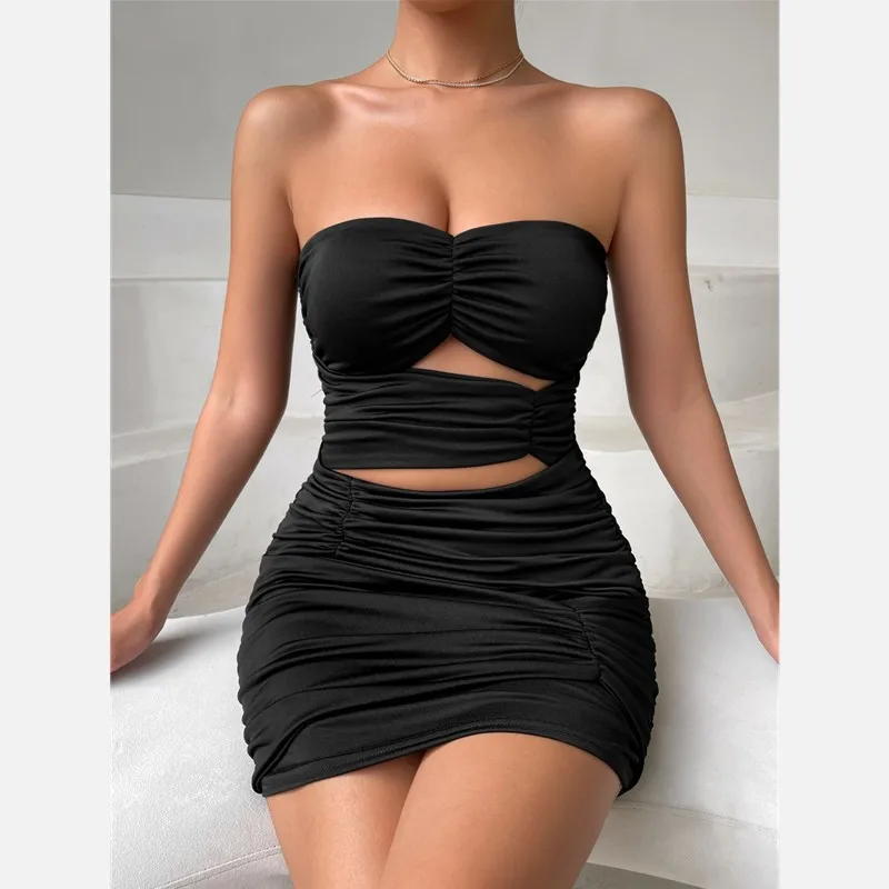 

Black Sexy Dress Cut Out Sleeveless Mini Ladies Dresses New Folds Summer Women Clothes Strapless Vestidos Elegantes Robe Femme