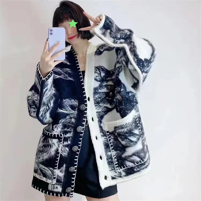 

Вязаный кардиган, Женский дизайнерский свитер, осенне-зимнее свободное повседневное женское пальто средней длины с V-образным вырезом и кар...