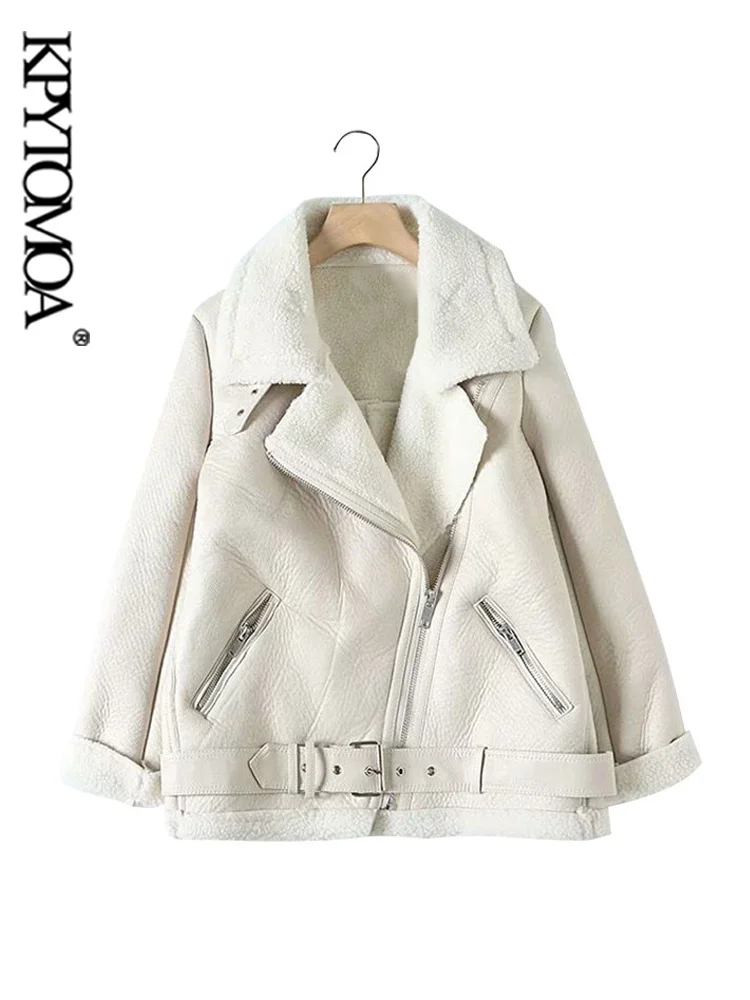 KPYTOMOA Women Fashion Thick Warm Winter Fur Faux Leather Oversized Jacket Coat Vintage Long Sleeve Female Outerwear Chic Tops