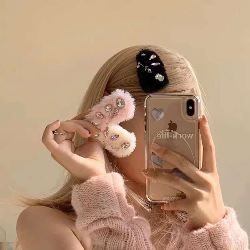 

Sweety Rose Rhinestone Plush Hairpin for Girls Autumn Winter Cute New Bangs Snap Clips Headdress Hair Accessories for Women