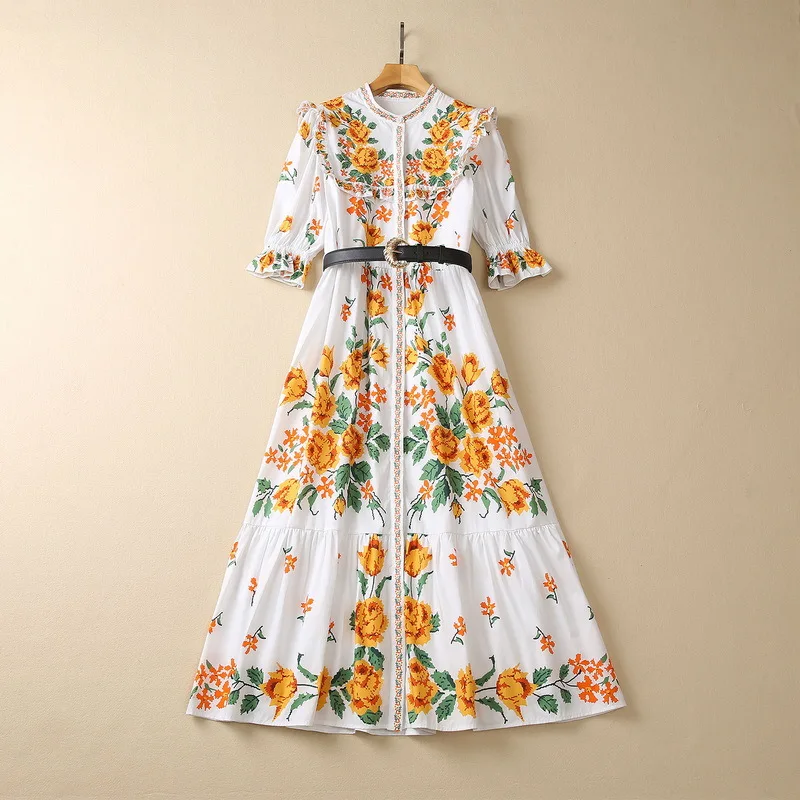 European and American women's clothes 2023 spring new Five-point sleeve stand-up collar floral print Fashion Belt Dress XXL