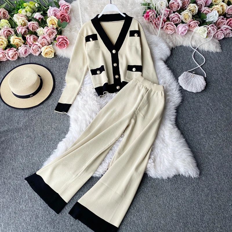 

Knitted Women's Autumn And Winter Casual V-Neck Long Sleeve Cardigan Sweater Tops + High Waist Wide-Leg Pans Two-Piece Sets