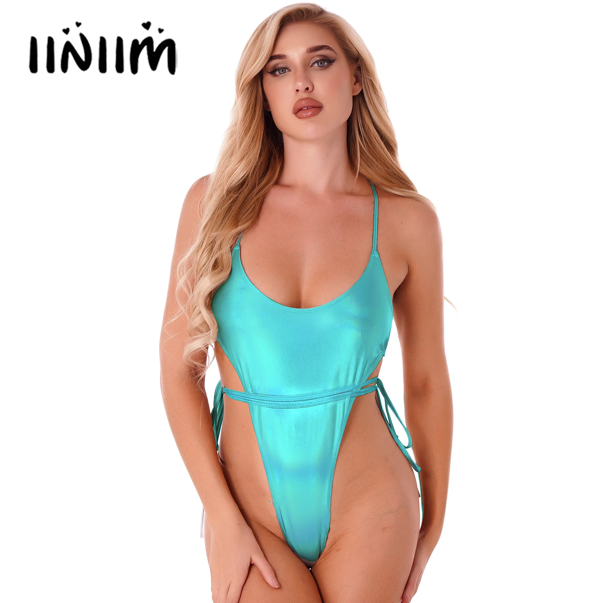 

Женский цельный купальник, металлический купальник с глубоким круглым вырезом, купальный костюм для бассейна, пляжная одежда, купальник бе...