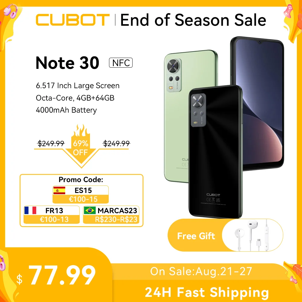 

Cubot Note 30, Android Smartphone, Octa-core, 4GB+64GB(256GB Extended), 6.517-Inch Screen, 4000mAh,20MP,Dual SIM 4G Mobile Phone