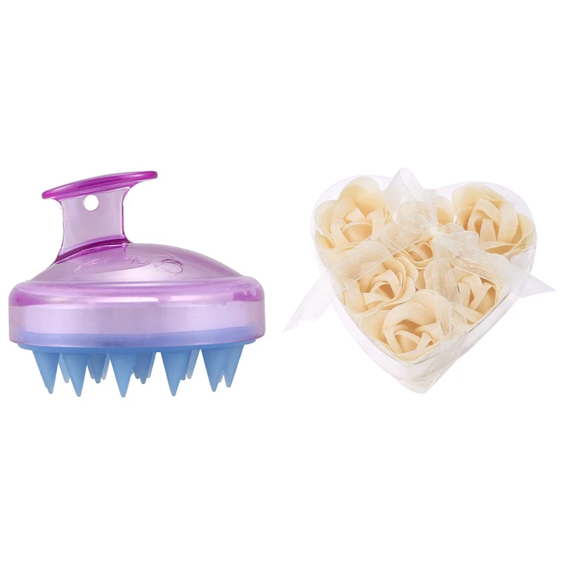 

6 Pcs Bathing Shower Off White Rose Flower Bath Soap Petals & 1 Pcs Spa Slimming Massage Brush Silicone