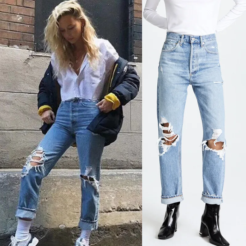 

Trebdy Brand Design Office Lady Denims New Street Fashion Retro High Waist Hole Button Casual Straight Jeans Fashion Classic A6