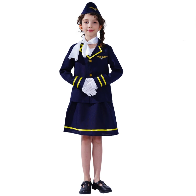 Girl Air Hostess Costume Kids Polit Uniform Career Suit Flight Attendant Costume With Neck Scarf