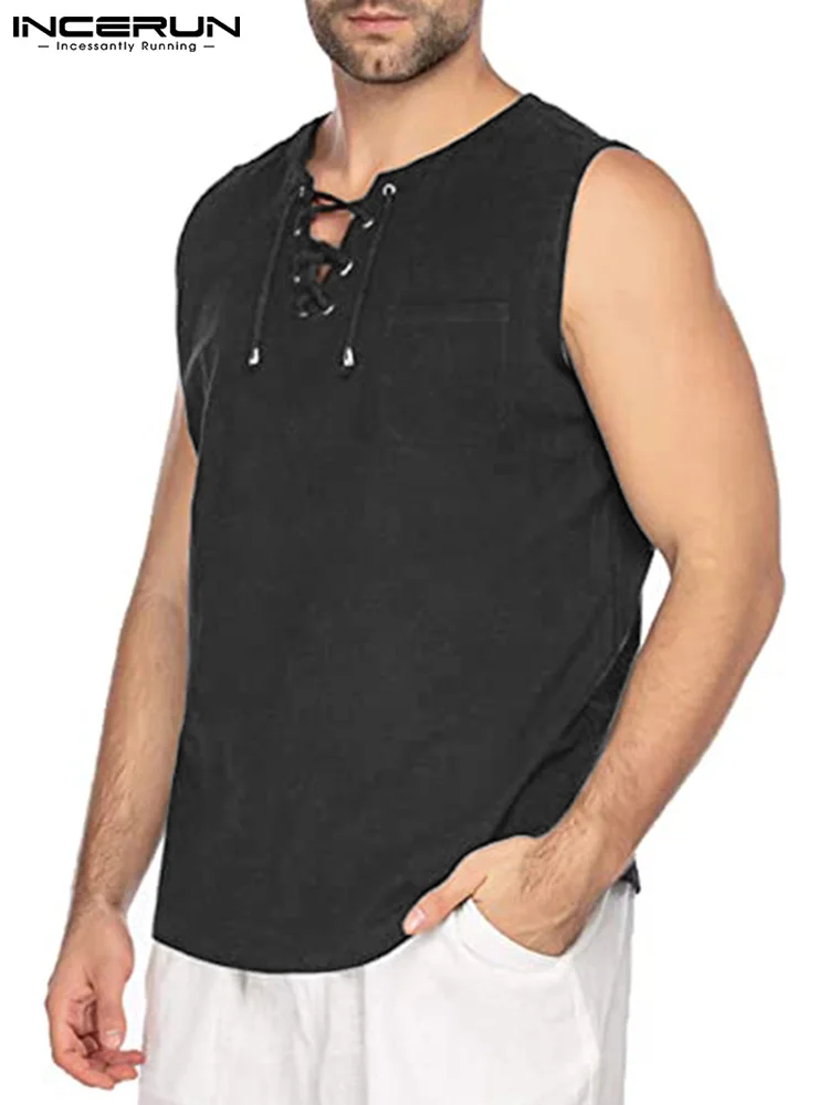 

INCERUN Men Solid Color Shirts Lace Up V Neck Sleeveless Streetwear Cotton Casual Vests 2022 Retro Leisure Men Clothing S-3XL