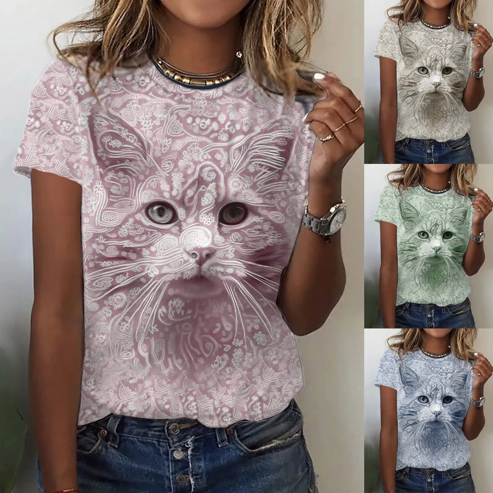 

Женские повседневные весенние майки с круглым вырезом и принтом кошки, женские повседневные свободные футболки, спортивные женские майки