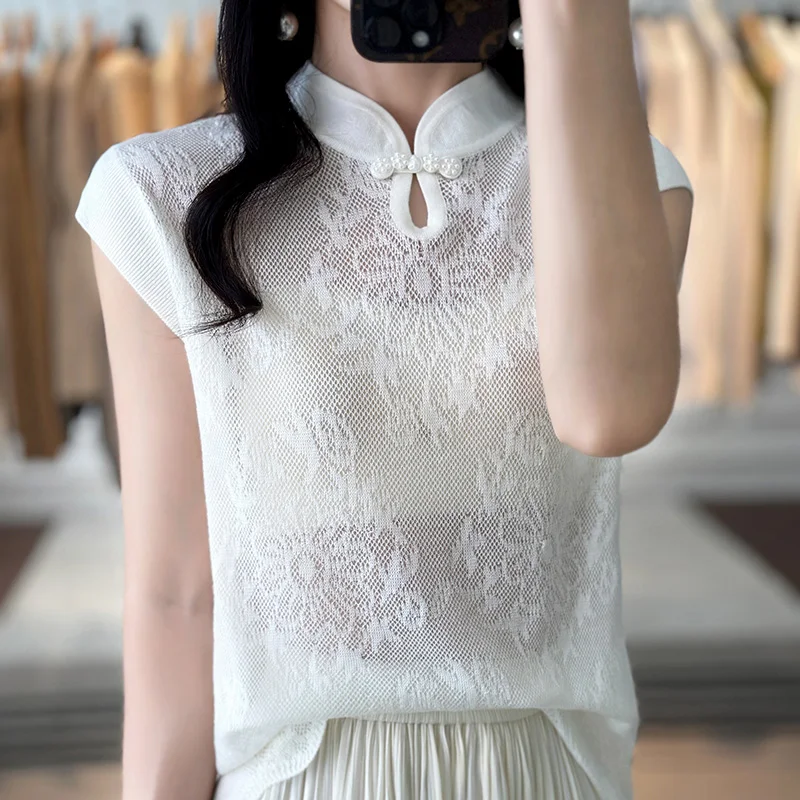 

Chinese Style Buckle Cheongsam Collar Openwork Jacquard Thin Wool Sweater T-Shirt Female 2023 Summer Short Sleeves