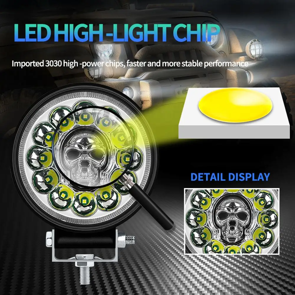 

[ New Arrivals ] Car Led Work Light Skull Round Colorful Rgb Auxiliary Lights 4 Inch 12LED Big View Roof Lamp Fog Lamp