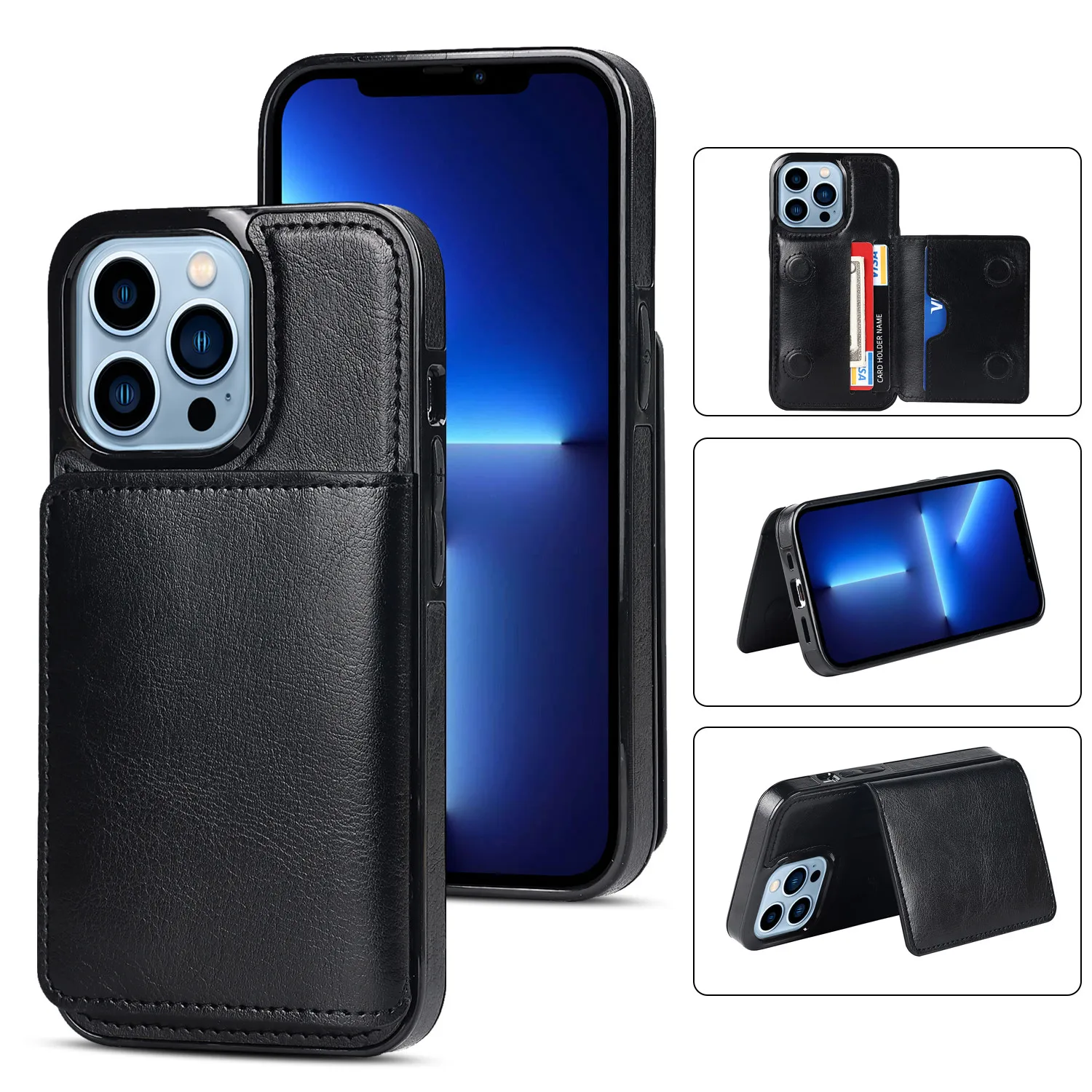 

Flip Leather for IPhone 13 12 Mini 11 14 X XR XS Pro Max 7 8 Plus Wallet Case with Credit Card Holder Cover Kickstand