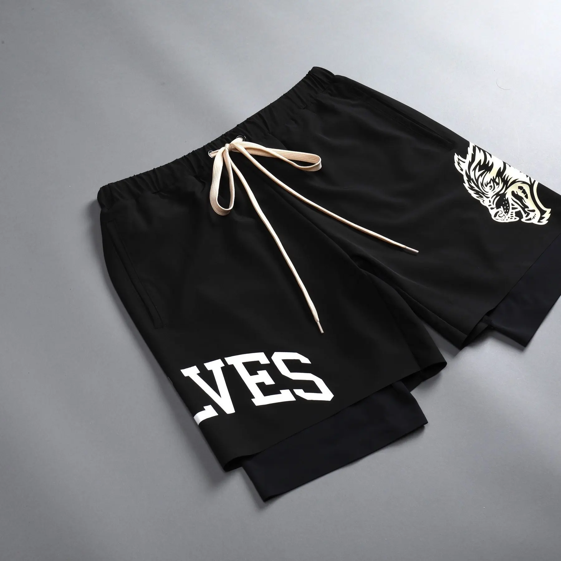 Summer Sports Shorts Men Fashion Trendy Beach Shorts Quick-Drying Running Fitness Fake Two-Piece Printed Casual Gym Shorts