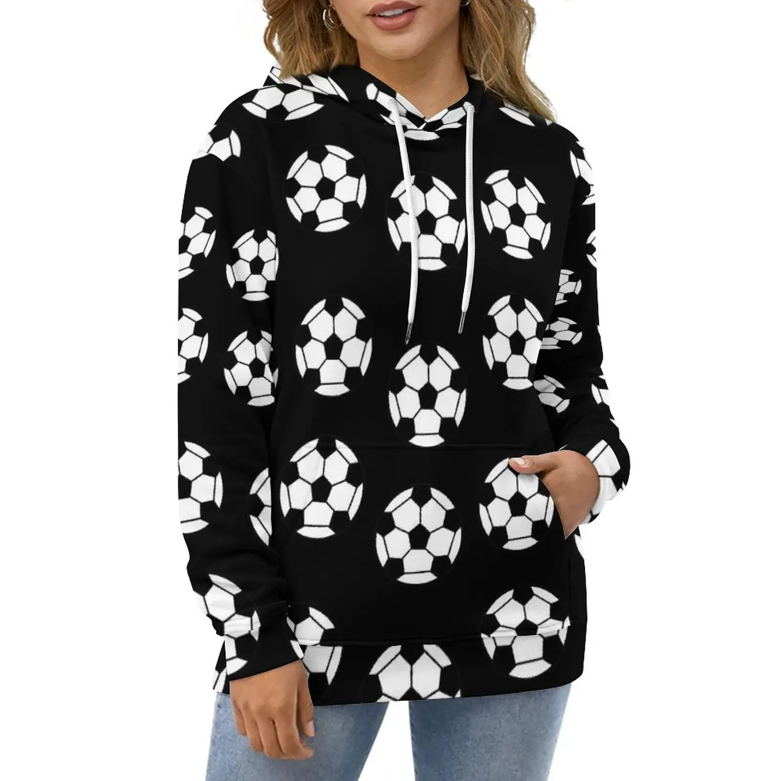 

Soccer Ball Casual Hoodies Black and White Retro Graphic Loose Hoodie Autumn Long Sleeve Fashion Oversize Hooded Sweatshirts