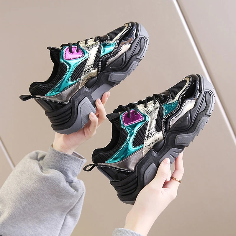 

2022 New Women Chunky Sneakers Designer Dad Shoes Shining Platform Sneakers Ladies Ulzzang Fashion Casual Shoes Woman