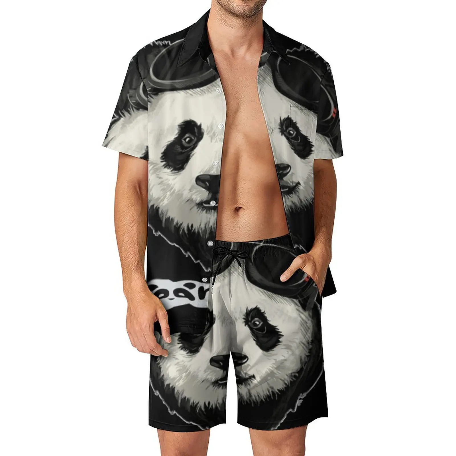 

Panda Face Men Sets Fun Animal Print Casual Shirt Set Trendy Vacation Shorts Summer Graphic Suit Two-piece Clothing Plus Size