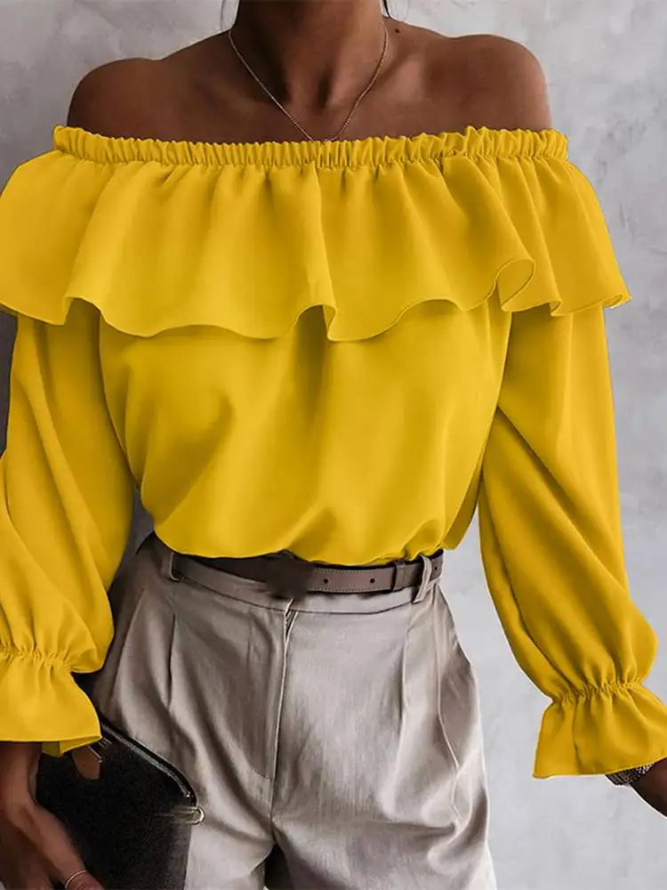 

Celmia Women Off Shoulder Sexy Blouses 2022 Summer Flare Sleeve Elegant Solid Color Tunic Tops Ladies Streetwear Party Blusas