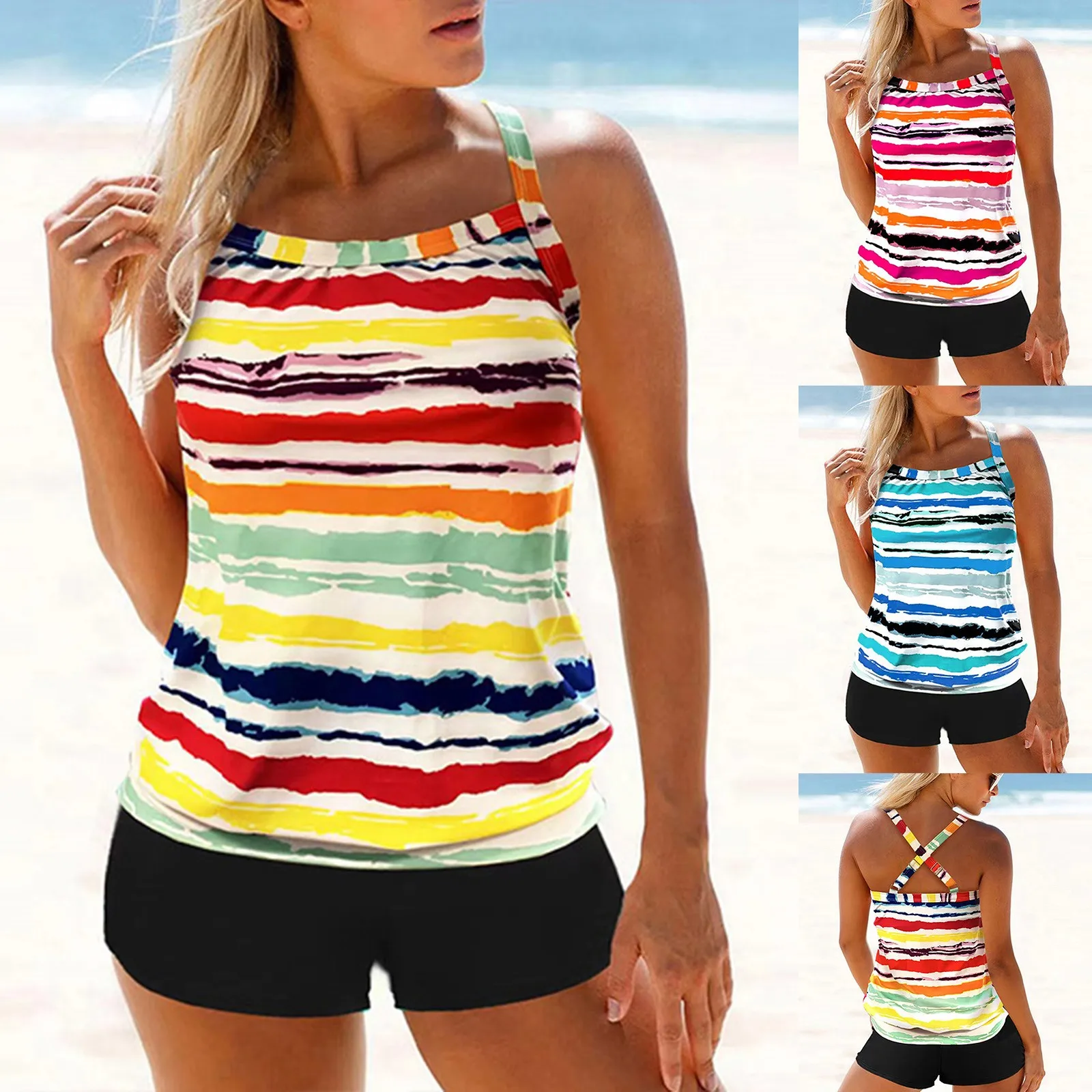 

Женские шорты для плавания с карманами, новый разноцветный купальный костюм в полоску, консервативные Женские топы для плавания с косточка...