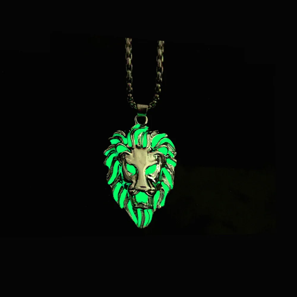 Personality Animal Lion Head Punk Luminous Glow In The Dark Lion Necklace with Stainless Steel Chain for Halloween Club images - 6