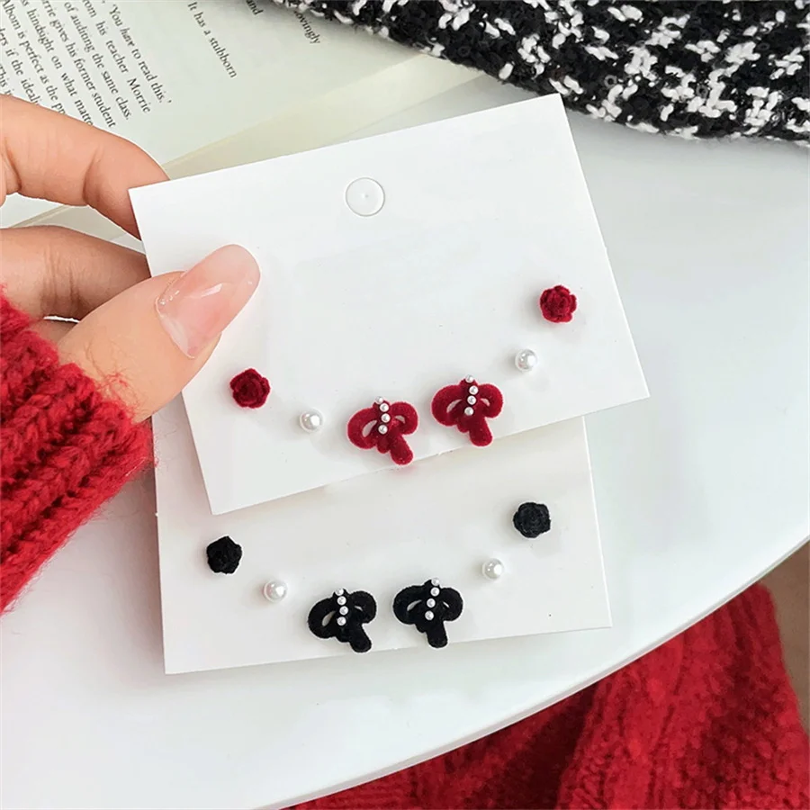 

3Pair/Set Flocking Red Black Bowknot Rose Flower Stud Earrings Set For Women Cute Imitation Pearl Piercing Earring Party Jewelry