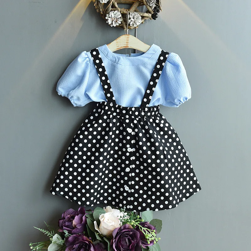 

New Baby Girl Clothes Summer Short Sleeve T-shirt + Polka Dot Strap Dress Two Pieces Sets Outfits Set Clothing for 1-6 Years Old