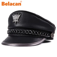 men genuine leather hat male flat top badge locomotive retro military caps students punk cortical chain gorra novelty winter hat