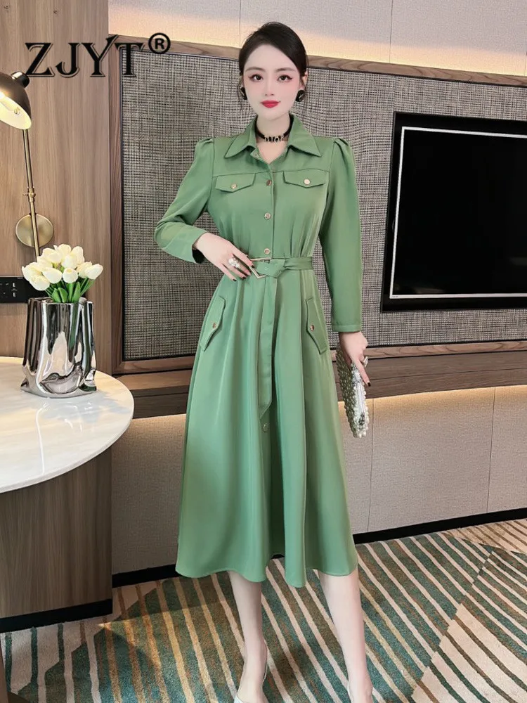 

ZJYT Fashion New Autumn Women Long Sleeve Shirt Dress Single Breasted Solid Belt Aline Midi Vestidos Elegant Office Work Wear