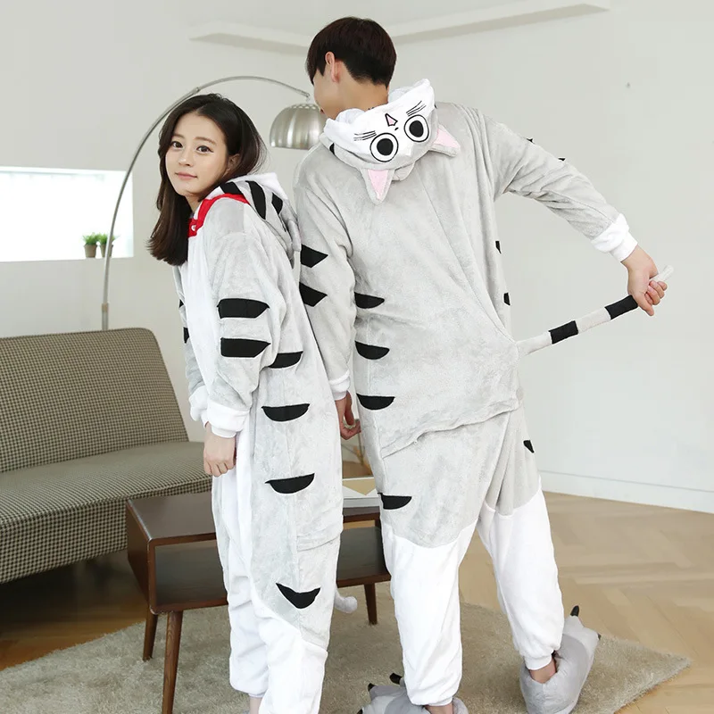 Adult Animal Onesie Grey Cat Pajamas Men Women's Flannel Cosplay Cartoon Costume Sleepwear Jumpsuit One-Piece Unisex Homewear