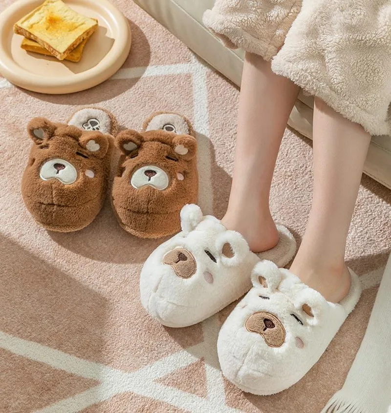 

Cotton Slippers Women Men Winter Home Shoes Thick Bottom Non-slip Couples Household Slides Cute Cartoon Bear Warm Plush Slipper