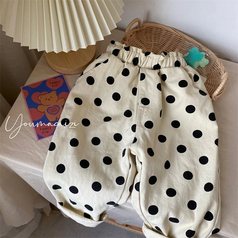

2022 Spring Korean Children's Casual Flower Bud Trousers Girls Baby Polka Dot Cute Washed Cotton Pants