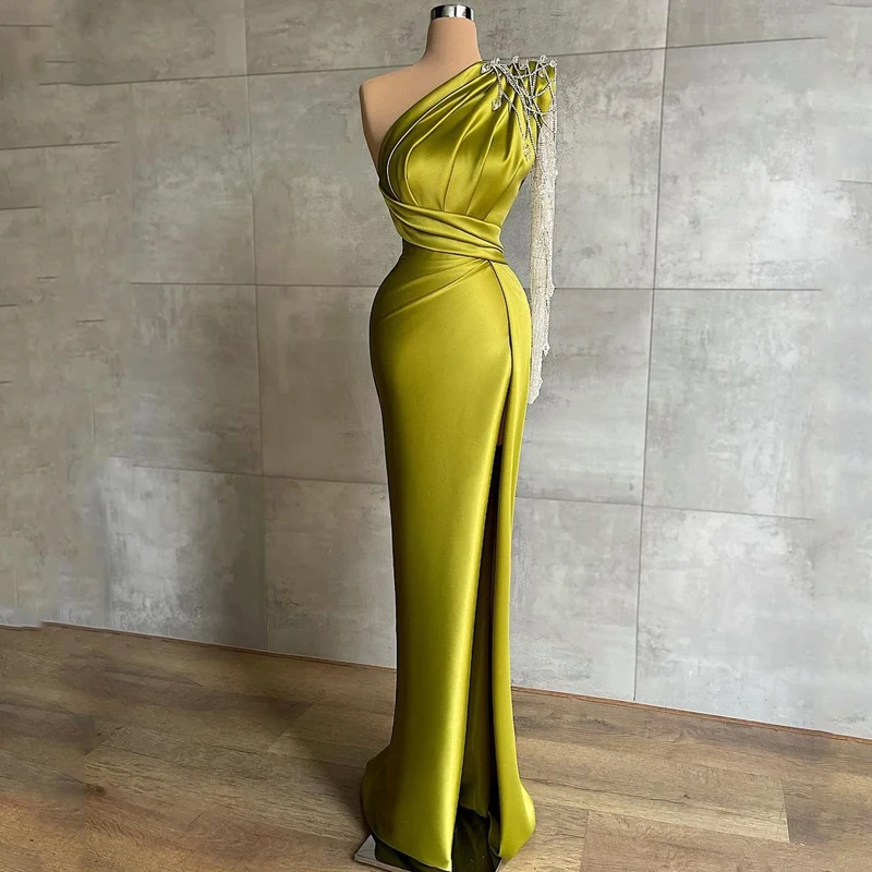 

Elegant Beaded Mermaid Evening Dress High Split Prom Dress One Shoulder Long Sleeve Cocktail Dress Saudi Arabia Formal Party Dre