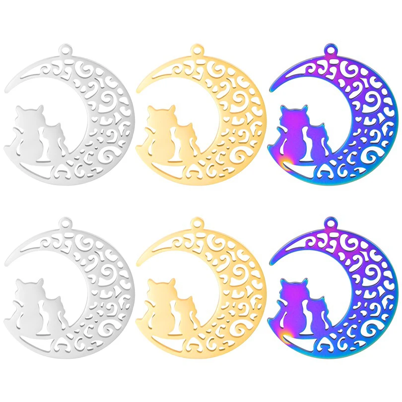 

WZNB 5Pcs 30x33mm Stainless Steel Moon Cat Charms Pendant For Jewelry Making DIY Jewelry Findings